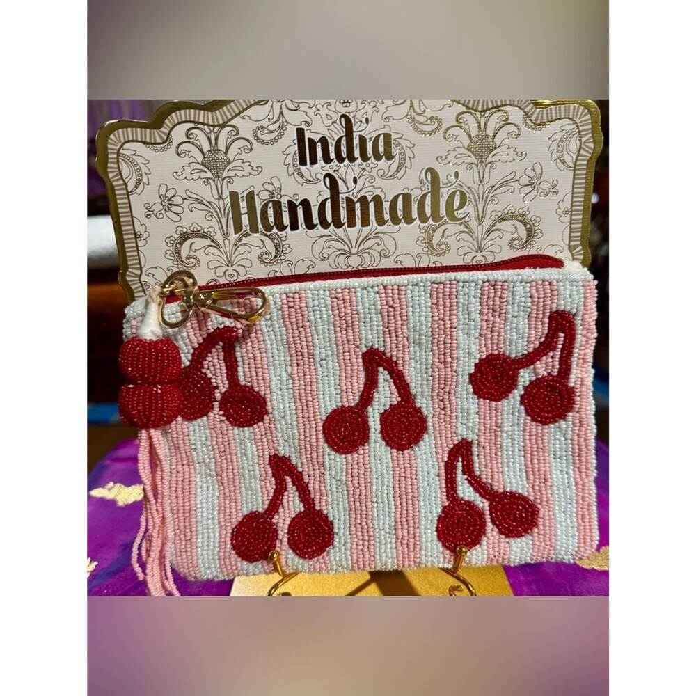 NWT India Handmade Beaded Cherry Pink Striped Pouch
